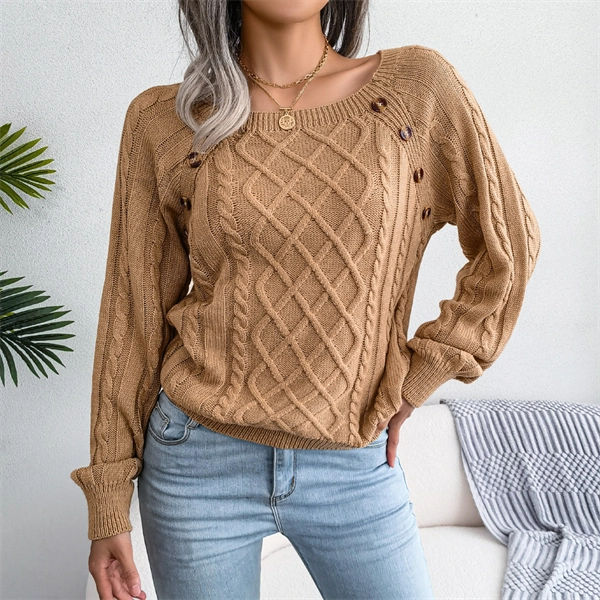 Women's Cable Knit Sweater - Square Neck Pullover with Button Detail for Fall & Winter