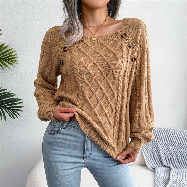 Women's Cable Knit Sweater - Square Neck Pullover with Button Detail for Fall & Winter