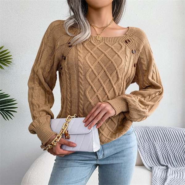 Women's Cable Knit Sweater - Square Neck Pullover with Button Detail for Fall & Winter