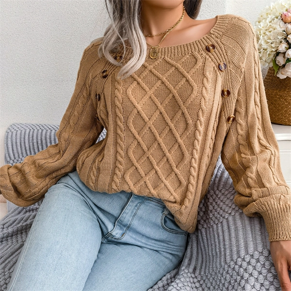 Women's Cable Knit Sweater - Square Neck Pullover with Button Detail for Fall & Winter