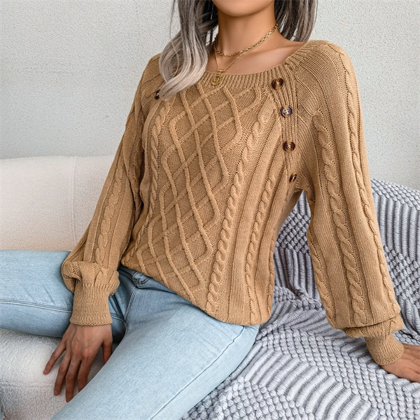 Women's Cable Knit Sweater - Square Neck Pullover with Button Detail for Fall & Winter
