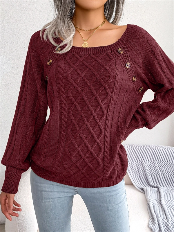 Women's Cable Knit Sweater - Square Neck Pullover with Button Detail for Fall & Winter