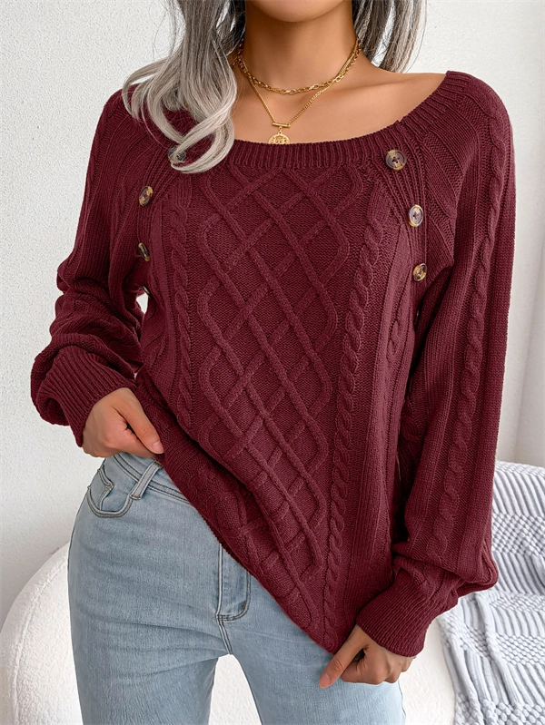 Women's Cable Knit Sweater - Square Neck Pullover with Button Detail for Fall & Winter