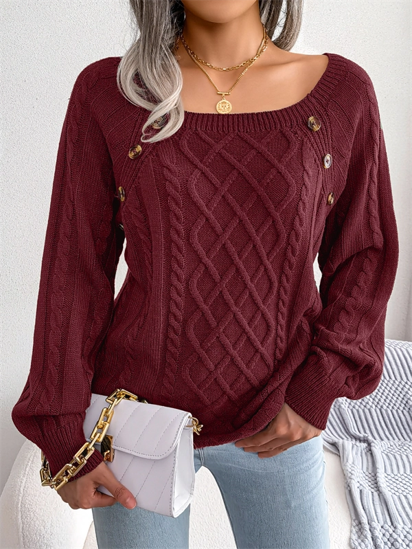 Women's Cable Knit Sweater - Square Neck Pullover with Button Detail for Fall & Winter