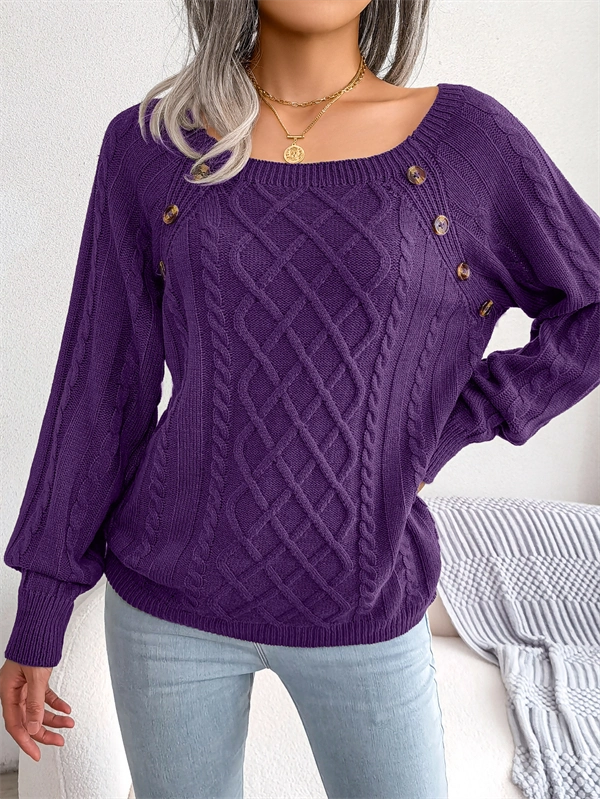 Women's Cable Knit Sweater - Square Neck Pullover with Button Detail for Fall & Winter