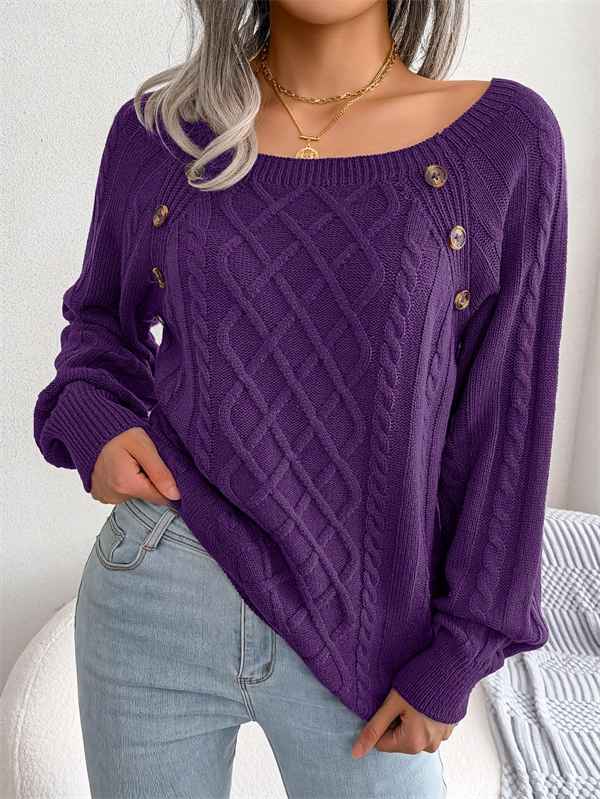 Women's Cable Knit Sweater - Square Neck Pullover with Button Detail for Fall & Winter