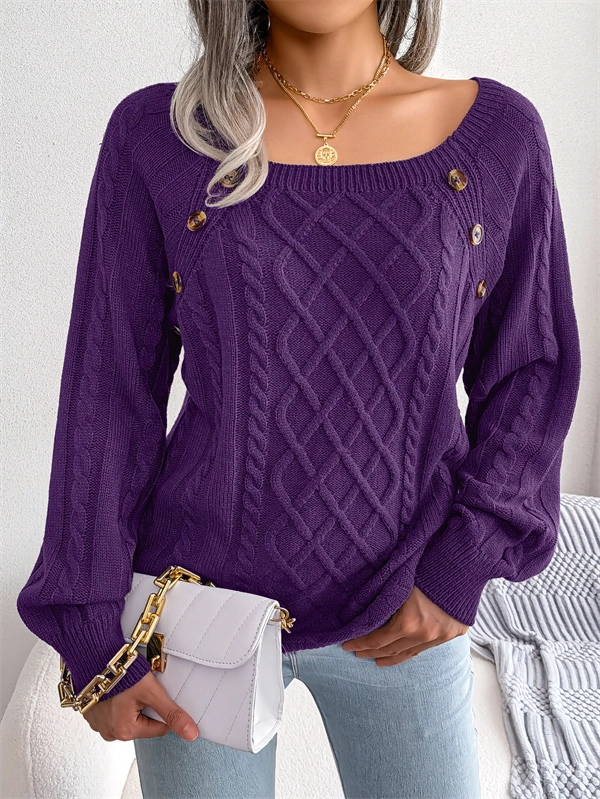 Women's Cable Knit Sweater - Square Neck Pullover with Button Detail for Fall & Winter