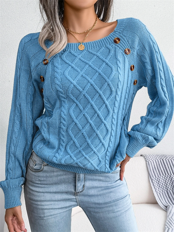 Women's Cable Knit Sweater - Square Neck Pullover with Button Detail for Fall & Winter