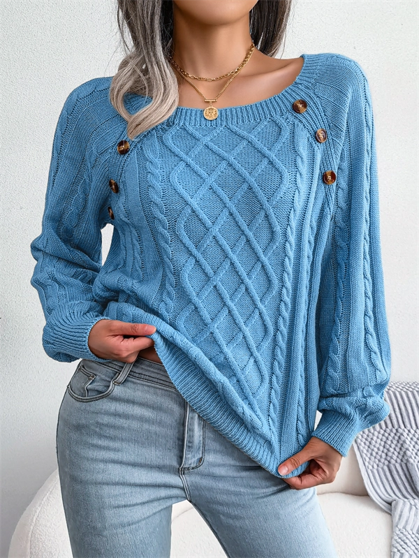 Women's Cable Knit Sweater - Square Neck Pullover with Button Detail for Fall & Winter
