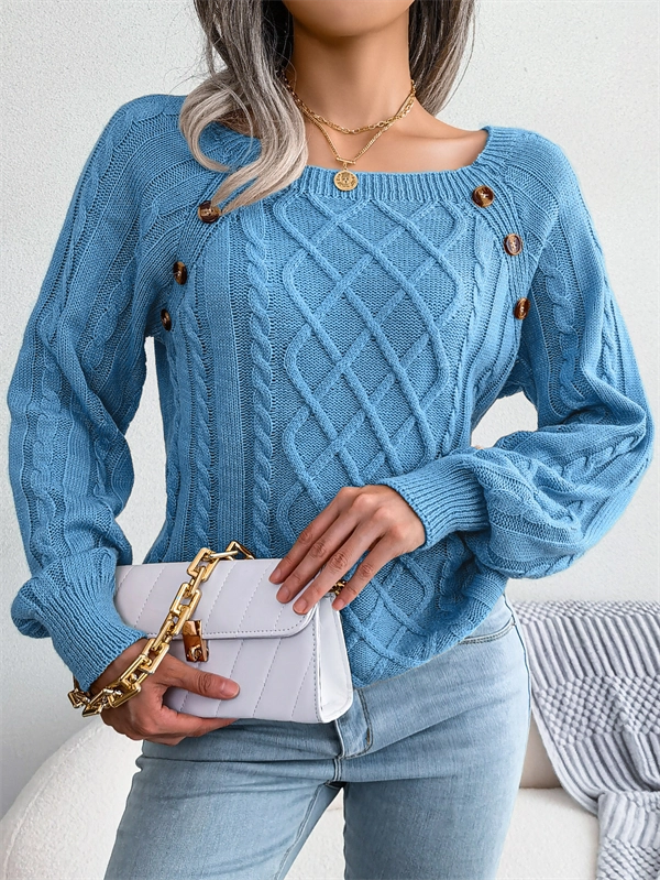 Women's Cable Knit Sweater - Square Neck Pullover with Button Detail for Fall & Winter