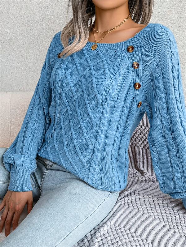 Women's Cable Knit Sweater - Square Neck Pullover with Button Detail for Fall & Winter