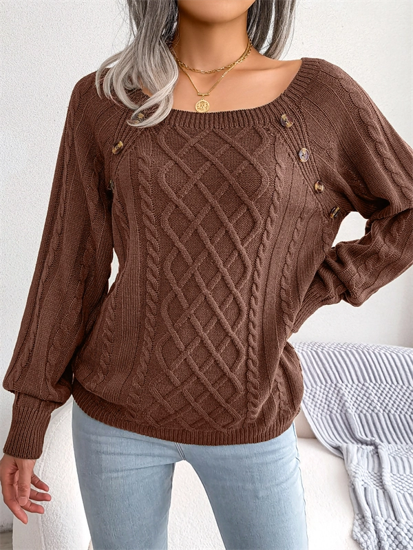 Women's Cable Knit Sweater - Square Neck Pullover with Button Detail for Fall & Winter