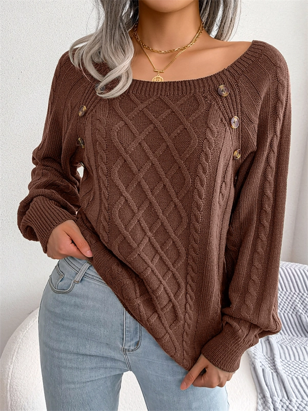 Women's Cable Knit Sweater - Square Neck Pullover with Button Detail for Fall & Winter