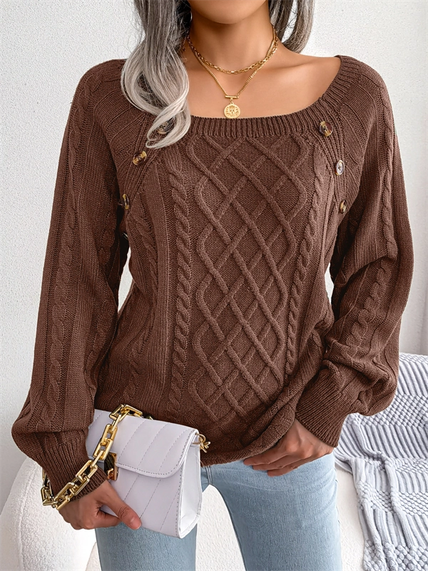 Women's Cable Knit Sweater - Square Neck Pullover with Button Detail for Fall & Winter
