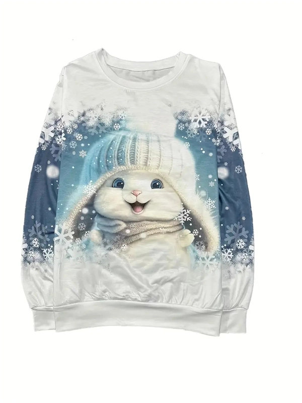 Women's Christmas Bunny Sweatshirt - Festive Pullover with Snowflake Print for Holiday Season