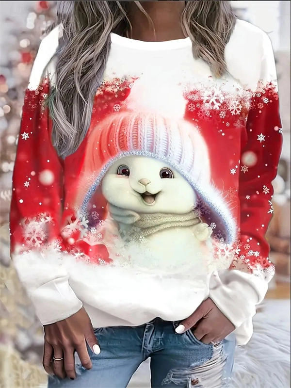 Women's Christmas Bunny Sweatshirt - Festive Pullover with Snowflake Print for Holiday Season