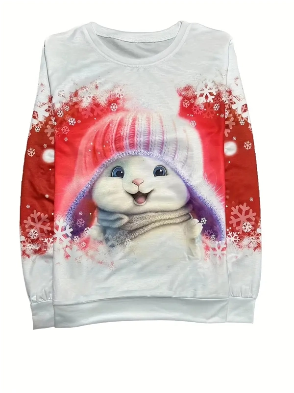 Women's Christmas Bunny Sweatshirt - Festive Pullover with Snowflake Print for Holiday Season