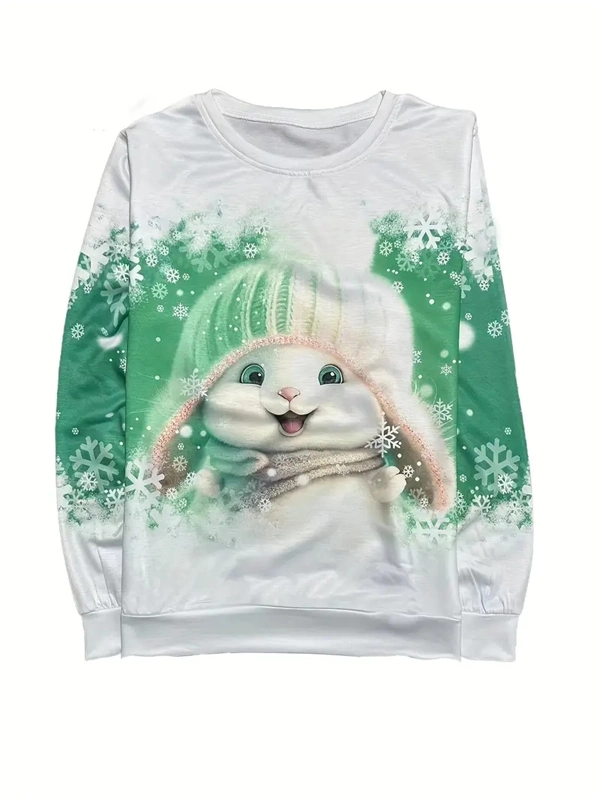 Women's Christmas Bunny Sweatshirt - Festive Pullover with Snowflake Print for Holiday Season