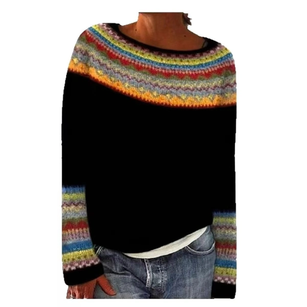 Women's Color Block Sweater – Casual Loose Fit Round Neck Knit Pullover