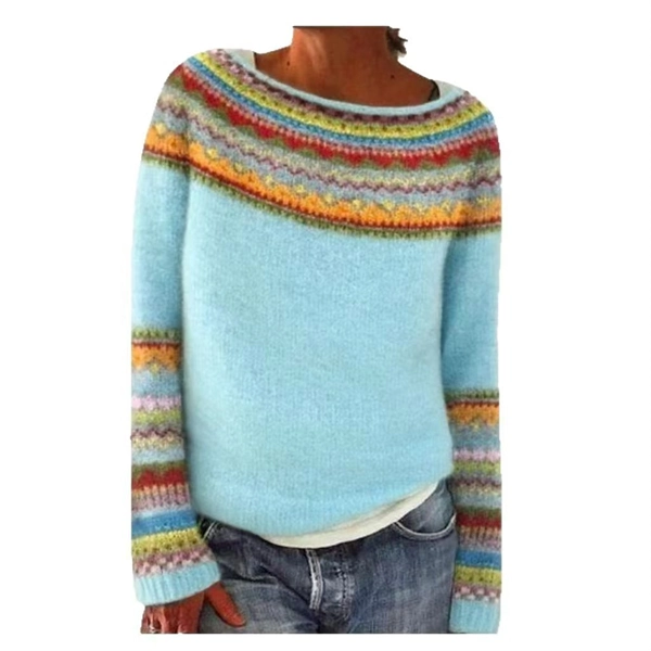 Women's Color Block Sweater – Casual Loose Fit Round Neck Knit Pullover