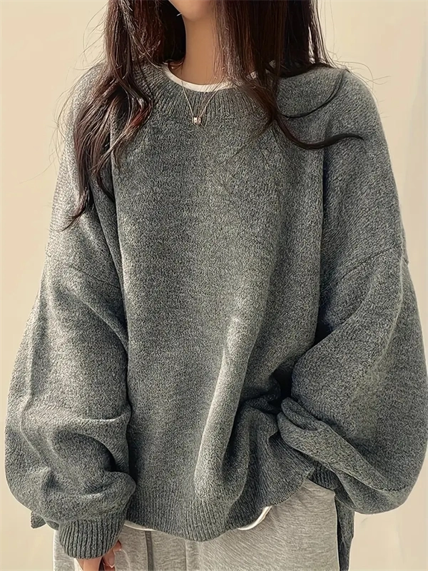 Women's Crewneck Sweater with Lantern Sleeves - Oversized Knit Pullover with Side Slits for Fall & Winter