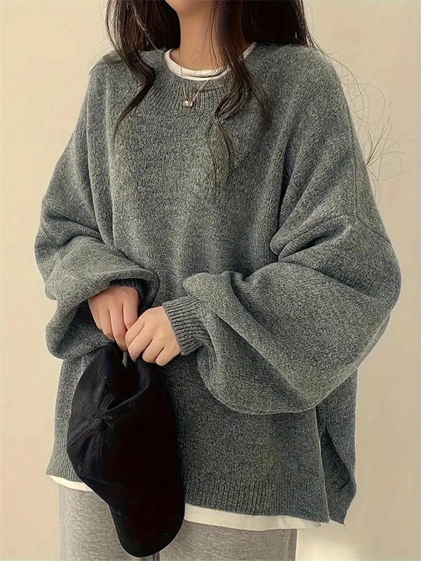 Women's Crewneck Sweater with Lantern Sleeves - Oversized Knit Pullover with Side Slits for Fall & Winter