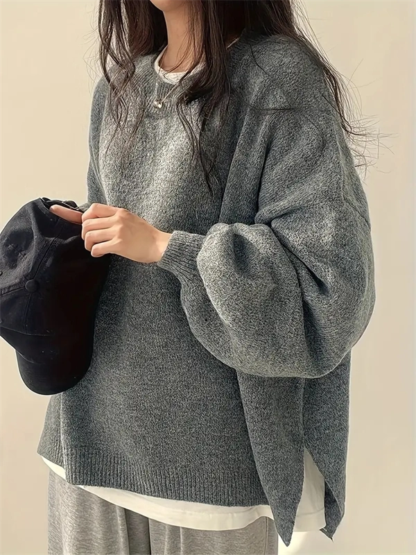 Women's Crewneck Sweater with Lantern Sleeves - Oversized Knit Pullover with Side Slits for Fall & Winter