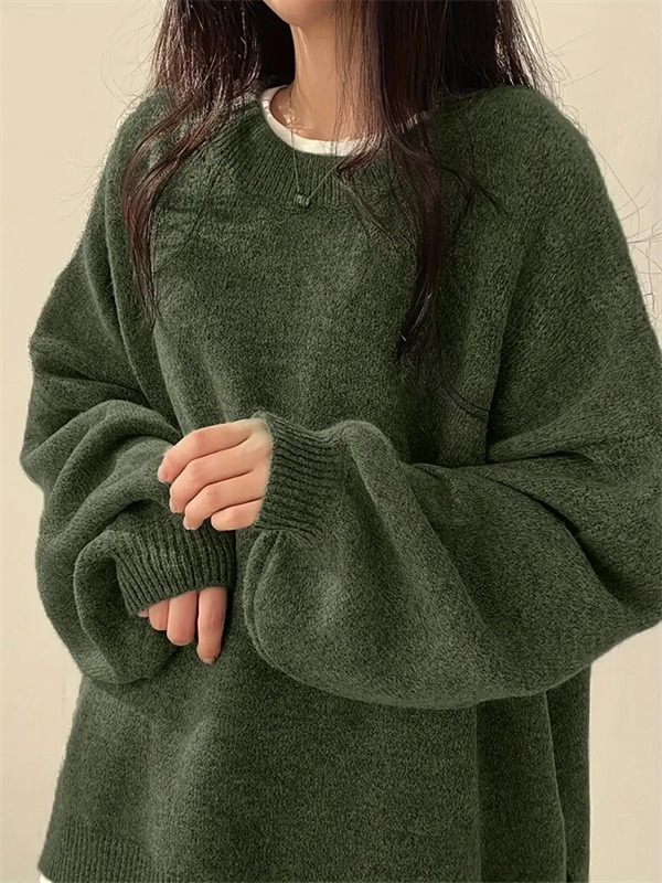 Women's Crewneck Sweater with Lantern Sleeves - Oversized Knit Pullover with Side Slits for Fall & Winter