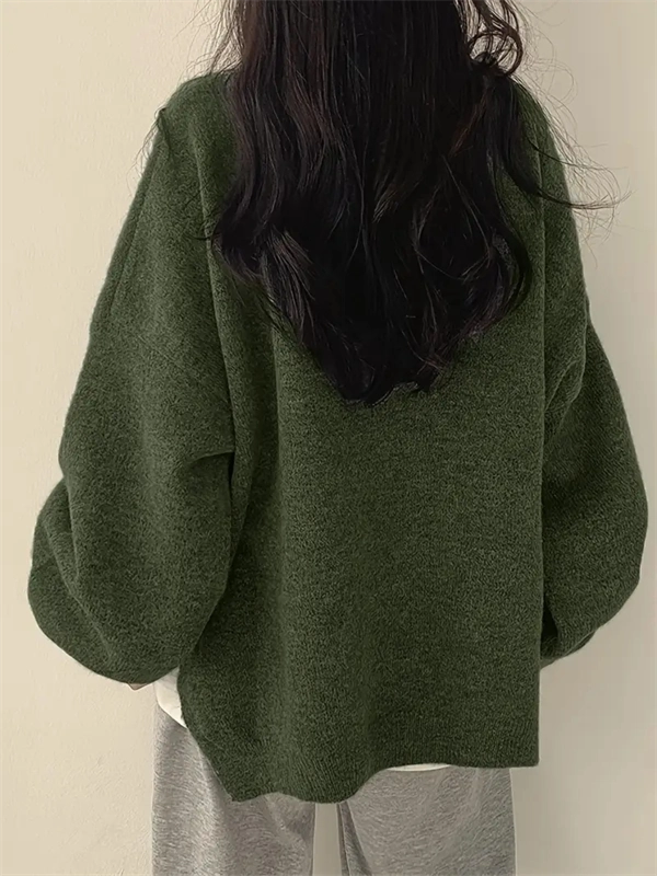 Women's Crewneck Sweater with Lantern Sleeves - Oversized Knit Pullover with Side Slits for Fall & Winter