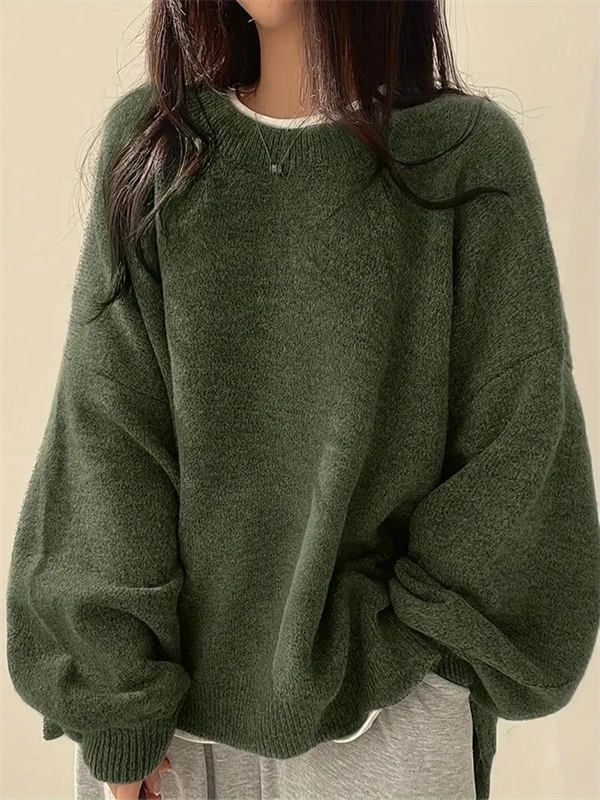 Women's Crewneck Sweater with Lantern Sleeves - Oversized Knit Pullover with Side Slits for Fall & Winter