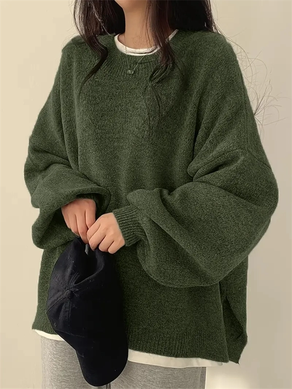 Women's Crewneck Sweater with Lantern Sleeves - Oversized Knit Pullover with Side Slits for Fall & Winter