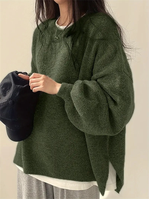 Women's Crewneck Sweater with Lantern Sleeves - Oversized Knit Pullover with Side Slits for Fall & Winter