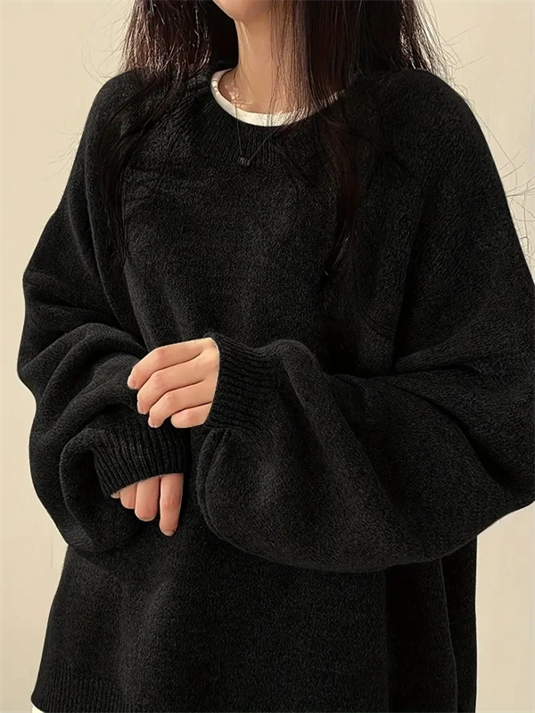 Women's Crewneck Sweater with Lantern Sleeves - Oversized Knit Pullover with Side Slits for Fall & Winter