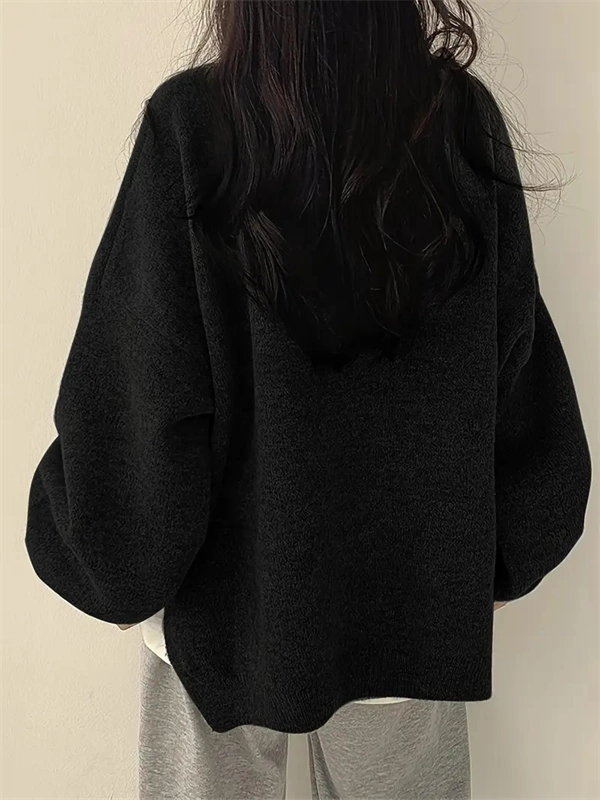 Women's Crewneck Sweater with Lantern Sleeves - Oversized Knit Pullover with Side Slits for Fall & Winter