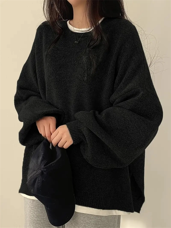 Women's Crewneck Sweater with Lantern Sleeves - Oversized Knit Pullover with Side Slits for Fall & Winter