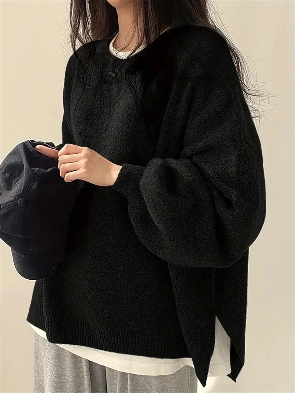 Women's Crewneck Sweater with Lantern Sleeves - Oversized Knit Pullover with Side Slits for Fall & Winter