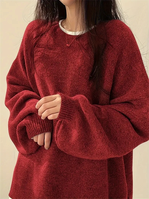 Women's Crewneck Sweater with Lantern Sleeves - Oversized Knit Pullover with Side Slits for Fall & Winter