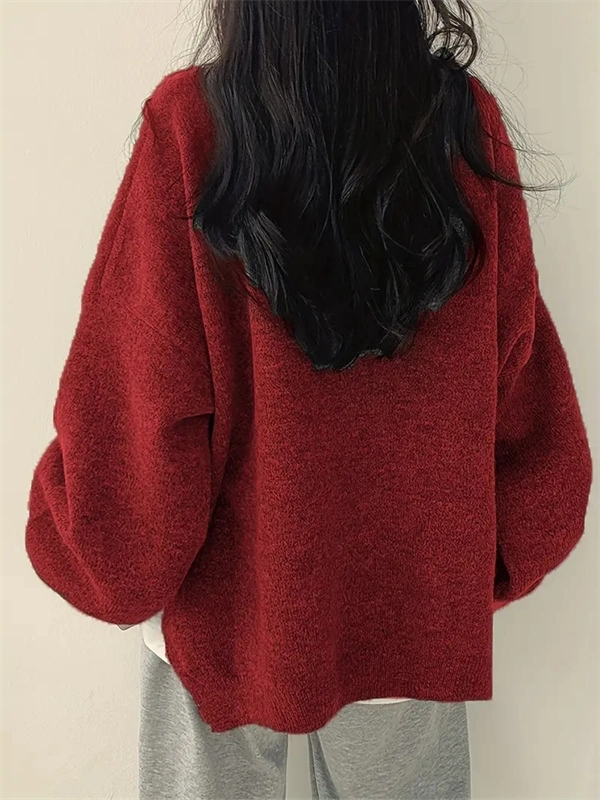 Women's Crewneck Sweater with Lantern Sleeves - Oversized Knit Pullover with Side Slits for Fall & Winter