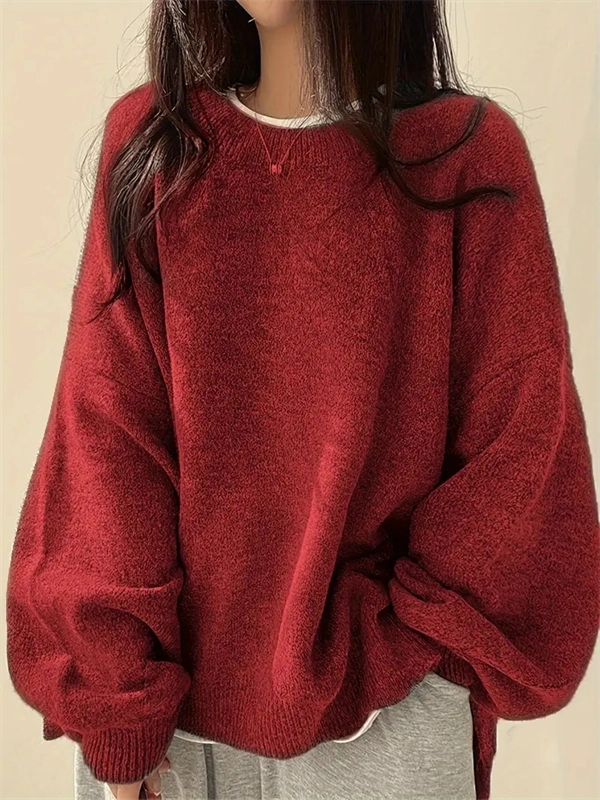 Women's Crewneck Sweater with Lantern Sleeves - Oversized Knit Pullover with Side Slits for Fall & Winter