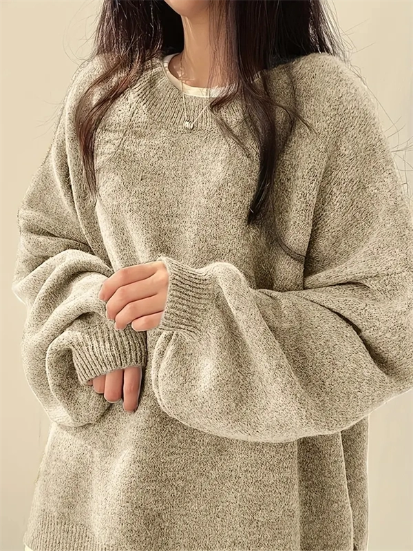 Women's Crewneck Sweater with Lantern Sleeves - Oversized Knit Pullover with Side Slits for Fall & Winter