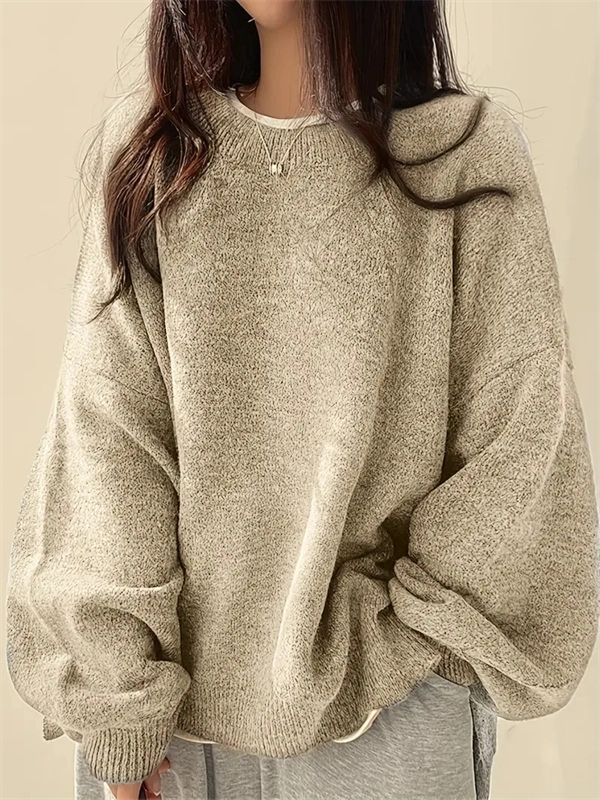 Women's Crewneck Sweater with Lantern Sleeves - Oversized Knit Pullover with Side Slits for Fall & Winter