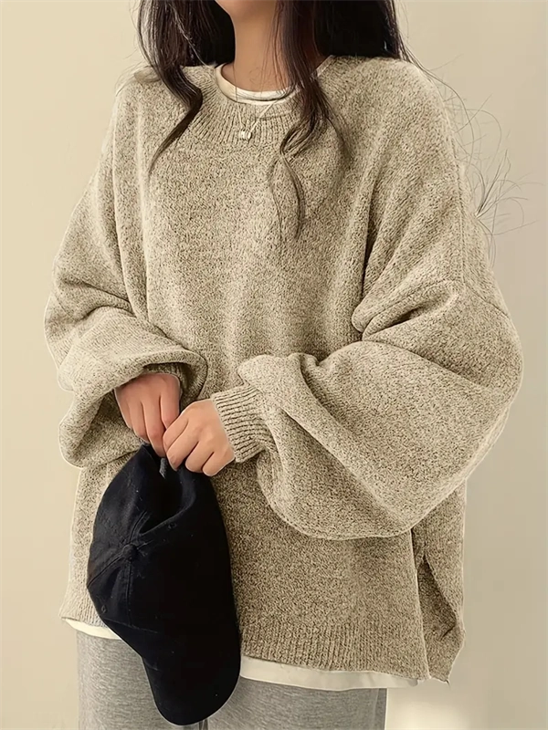 Women's Crewneck Sweater with Lantern Sleeves - Oversized Knit Pullover with Side Slits for Fall & Winter