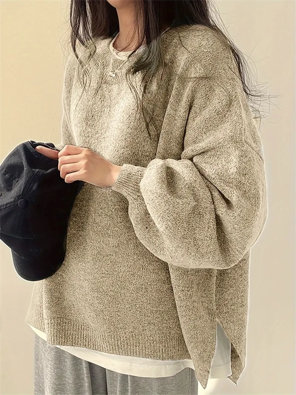 Women's Crewneck Sweater with Lantern Sleeves - Oversized Knit Pullover with Side Slits for Fall & Winter