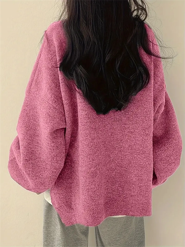 Women's Crewneck Sweater with Lantern Sleeves - Oversized Knit Pullover with Side Slits for Fall & Winter
