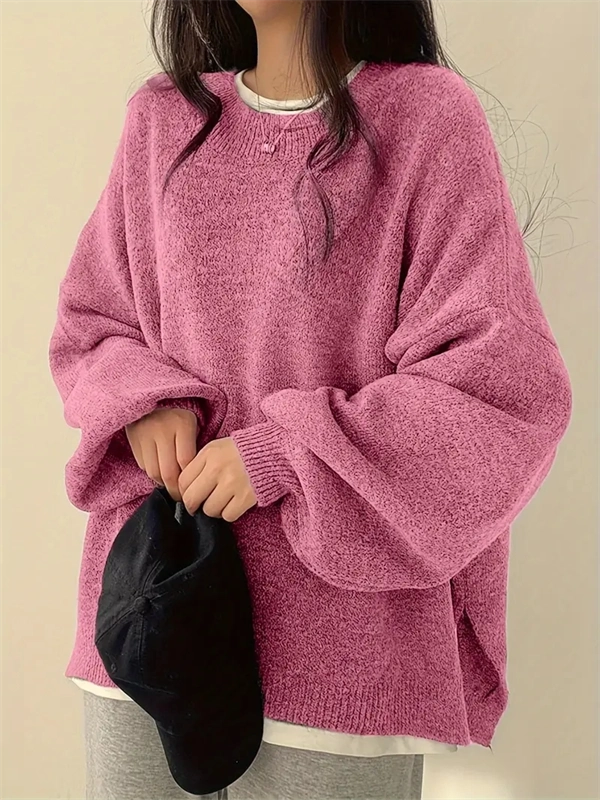 Women's Crewneck Sweater with Lantern Sleeves - Oversized Knit Pullover with Side Slits for Fall & Winter