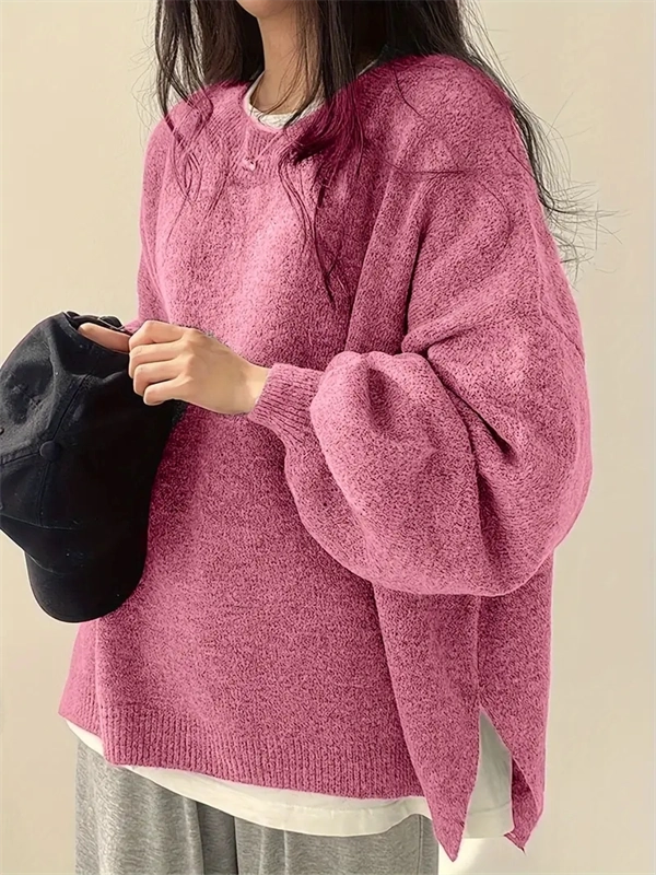 Women's Crewneck Sweater with Lantern Sleeves - Oversized Knit Pullover with Side Slits for Fall & Winter