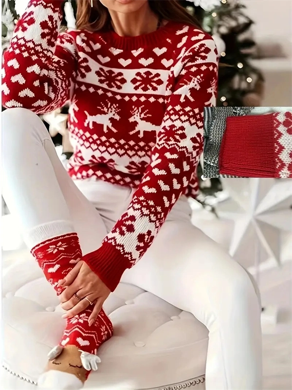 Women's Festive Red Christmas Sweater - Cozy Reindeer & Snowflake Knit Pullover for Holiday Season