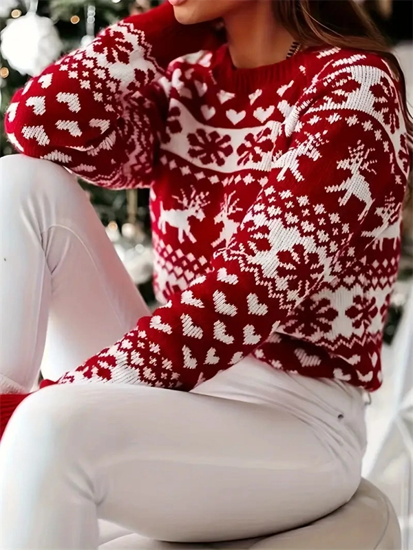 Women's Festive Red Christmas Sweater - Cozy Reindeer & Snowflake Knit Pullover for Holiday Season