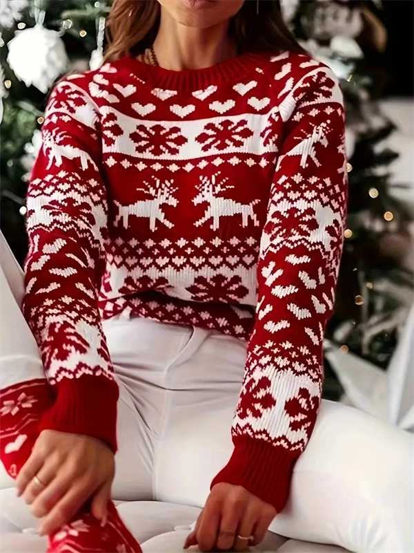 Women's Festive Red Christmas Sweater - Cozy Reindeer & Snowflake Knit Pullover for Holiday Season
