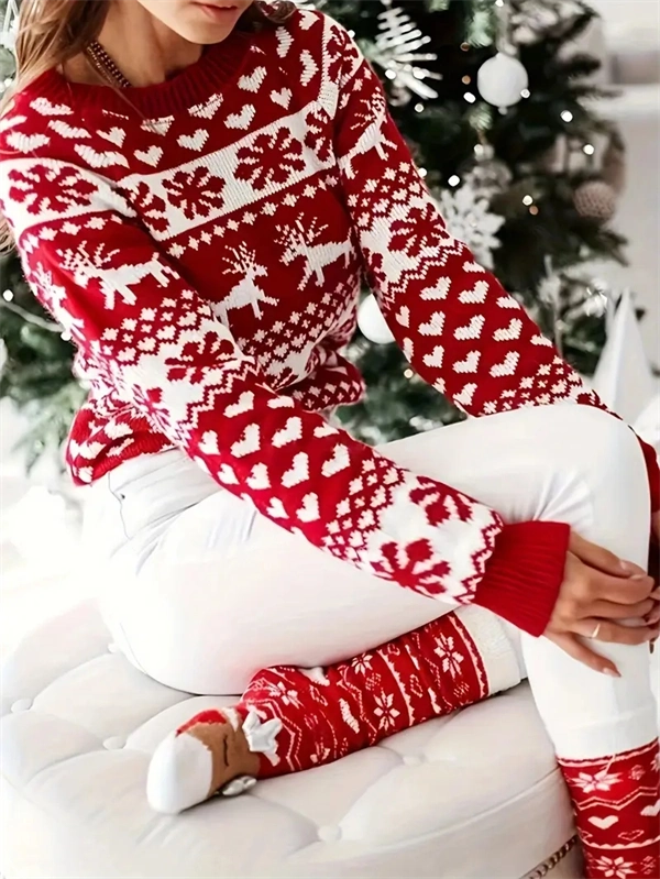 Women's Festive Red Christmas Sweater - Cozy Reindeer & Snowflake Knit Pullover for Holiday Season